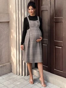SHEIN Elegant Cute Casual Maternity Solid Color Knit Top Plaid Dress 2 Pieces Set Photoshoot Black Grey Autumn Fall Halloween Thanksgiving - Multicolor - View 7