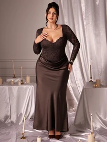 SHEIN BAE CURVE Gaun Panjang Wanita Ukuran Besar dengan Detail Renda, Gaun Panjang Elegan - Putih - View 5