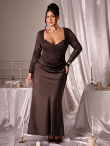 SHEIN BAE CURVE Gaun Panjang Wanita Ukuran Besar dengan Detail Renda, Gaun Panjang Elegan - Putih - View 4