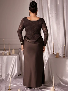 SHEIN BAE CURVE Gaun Panjang Wanita Ukuran Besar dengan Detail Renda, Gaun Panjang Elegan - Putih - View 3