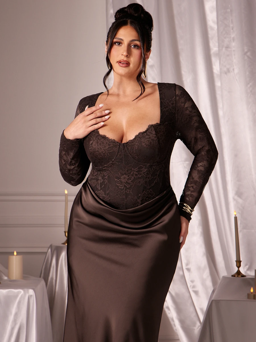 SHEIN BAE CURVE Gaun Panjang Wanita Ukuran Besar dengan Detail Renda, Gaun Panjang Elegan - Putih - View 1