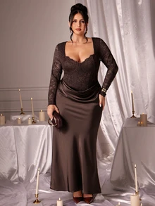 SHEIN BAE CURVE Gaun Panjang Wanita Ukuran Besar dengan Detail Renda, Gaun Panjang Elegan - Putih - View 2