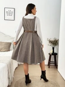 Easowa Curve Plus Size Women's Houndstooth Button Design Elegant Pinafore Dress - Coffee Brown - View 6