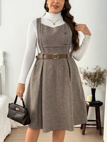 Easowa Curve Plus Size Women's Houndstooth Button Design Elegant Pinafore Dress - Coffee Brown - View 7