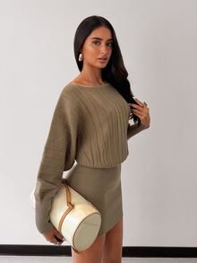 Glamine Women's Vintage Ribbed Knit Sweater Dress For Vacation And Travel - Khaki - View 3