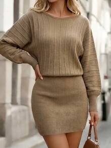 Glamine Women's Vintage Ribbed Knit Sweater Dress For Vacation And Travel - Khaki - View 13
