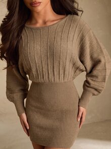 Glamine Women's Vintage Ribbed Knit Sweater Dress For Vacation And Travel - Khaki - View 10