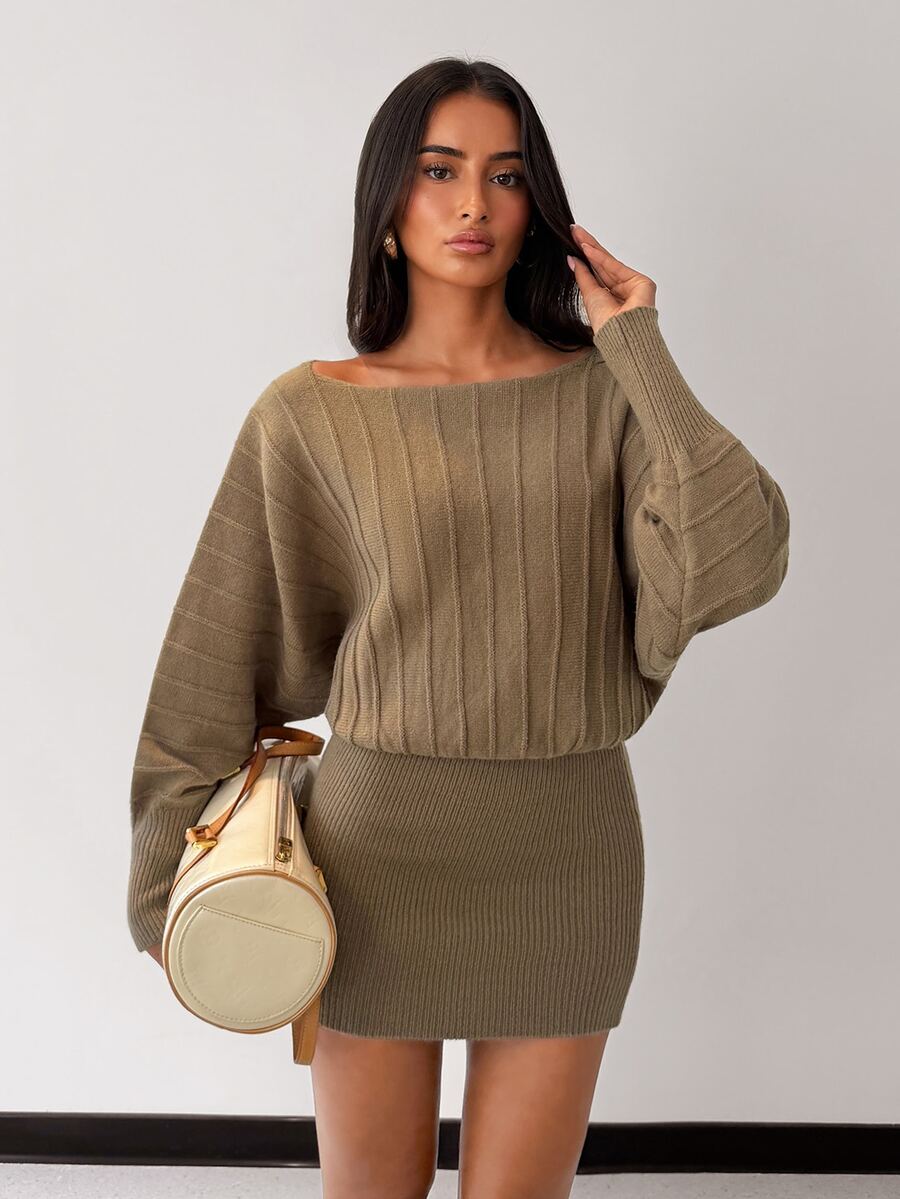 Glamine Women's Vintage Ribbed Knit Sweater Dress For Vacation And Travel - Khaki - View 1