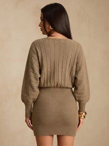 Glamine Women's Vintage Ribbed Knit Sweater Dress For Vacation And Travel - Khaki - View 8