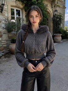 SHEIN MOD Women's Short Hooded Zip Jacket With Rib Cuffs & Hem - Light Grey - View 6