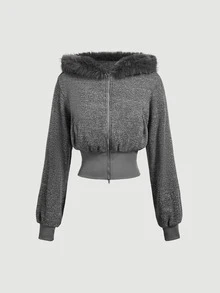 SHEIN MOD Women's Short Hooded Zip Jacket With Rib Cuffs & Hem - Light Grey - View 3