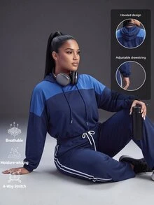 Powerista 女款大尺碼海軍藍短版長袖收腰運動衫,適合戶外活動、運動、休閒、熱帶風、健身房、秋季 - 藏蓝色 - 查看 2