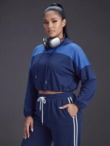 Powerista 女款大尺碼海軍藍短版長袖收腰運動衫,適合戶外活動、運動、休閒、熱帶風、健身房、秋季 - 藏蓝色 - 查看 4