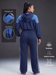 Powerista 女款大尺碼海軍藍短版長袖收腰運動衫,適合戶外活動、運動、休閒、熱帶風、健身房、秋季 - 藏蓝色 - 查看 3