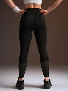 Powerista Legging Wanita Warna Polos Pinggang Tinggi untuk Olahraga Harian, Tanpa Jahitan, Pengontrol Perut, Sisipan Jala, Kompresi, dengan Kantong Ponsel Samping, Yoga - Hitam - View 5