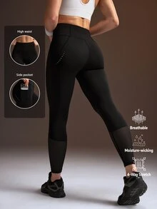 Powerista Legging Wanita Warna Polos Pinggang Tinggi untuk Olahraga Harian, Tanpa Jahitan, Pengontrol Perut, Sisipan Jala, Kompresi, dengan Kantong Ponsel Samping, Yoga - Hitam - View 2