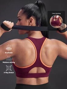 Powerista Women's Plus Size Burgundy Colorblock Casual Tropical Daily Sports Halter Neck Bra With High Support And Padded Design Suitable For Gym Summer - Burgundy - View 3