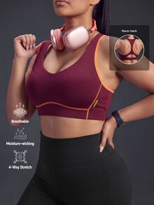 Powerista Women's Plus Size Burgundy Colorblock Casual Tropical Daily Sports Halter Neck Bra With High Support And Padded Design Suitable For Gym Summer - Burgundy - View 2