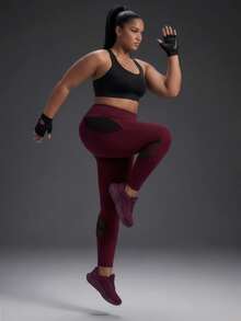 Powerista Women Plus Size Red Solid Color High Waisted Mesh Panel Sports Leggings Active Wear Pants For Gym Workout Yoga With Black Breathable Mesh Fabric - Burgundy - View 4