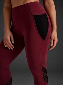 Powerista Women Plus Size Red Solid Color High Waisted Mesh Panel Sports Leggings Active Wear Pants For Gym Workout Yoga With Black Breathable Mesh Fabric - Burgundy - View 7