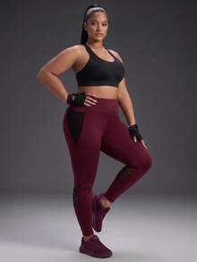 Powerista Women Plus Size Red Solid Color High Waisted Mesh Panel Sports Leggings Active Wear Pants For Gym Workout Yoga With Black Breathable Mesh Fabric - Burgundy - View 10