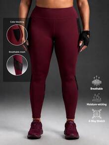 Powerista Women Plus Size Red Solid Color High Waisted Mesh Panel Sports Leggings Active Wear Pants For Gym Workout Yoga With Black Breathable Mesh Fabric - Burgundy - View 2