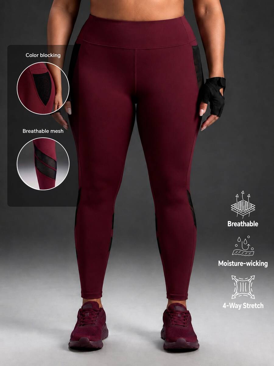 Powerista Women Plus Size Red Solid Color High Waisted Mesh Panel Sports Leggings Active Wear Pants For Gym Workout Yoga With Black Breathable Mesh Fabric