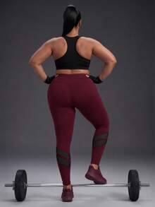Powerista Women Plus Size Red Solid Color High Waisted Mesh Panel Sports Leggings Active Wear Pants For Gym Workout Yoga With Black Breathable Mesh Fabric - Burgundy - View 8