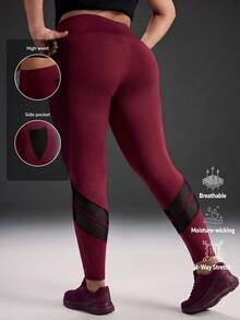 Powerista Women Plus Size Red Solid Color High Waisted Mesh Panel Sports Leggings Active Wear Pants For Gym Workout Yoga With Black Breathable Mesh Fabric - Burgundy - View 3