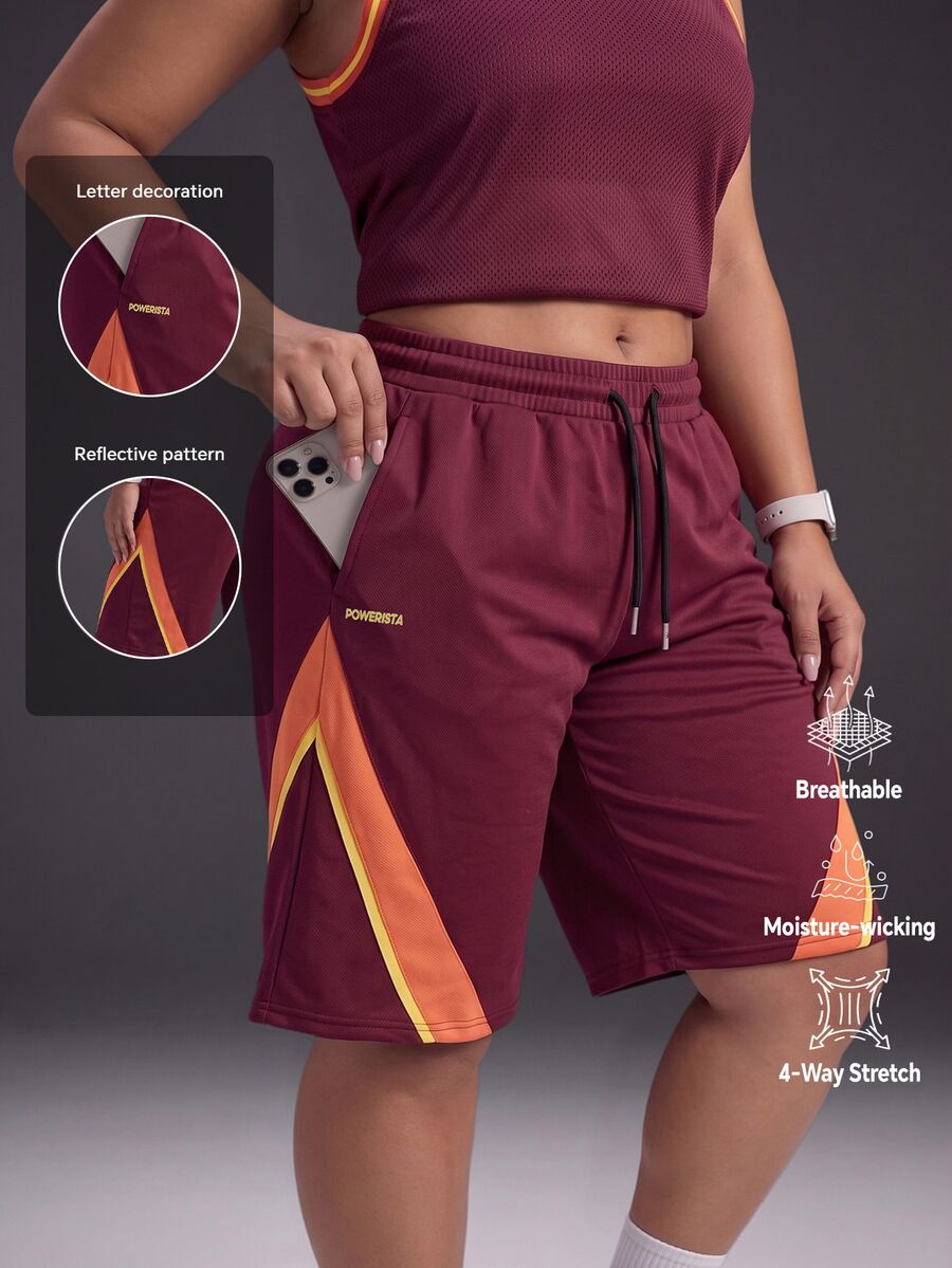 Powerista Celana Pendek Wanita Ukuran Plus Musim Semi/Panas dengan Tali Serut, Alternatif Atletik, Motif Tropis Kawaii, Warna Burgundy, Blok Warna, Detail Garis Samping, Cocok untuk Olahraga di Gym. - Burgundy - View 1