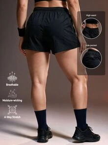 Powerista 女款大尺碼四季黑色純色運動熱帶風短褲,內建壓力褲與側邊口袋,適合跑步與健身房運動,夏季穿著 - 黑色 - 查看 3