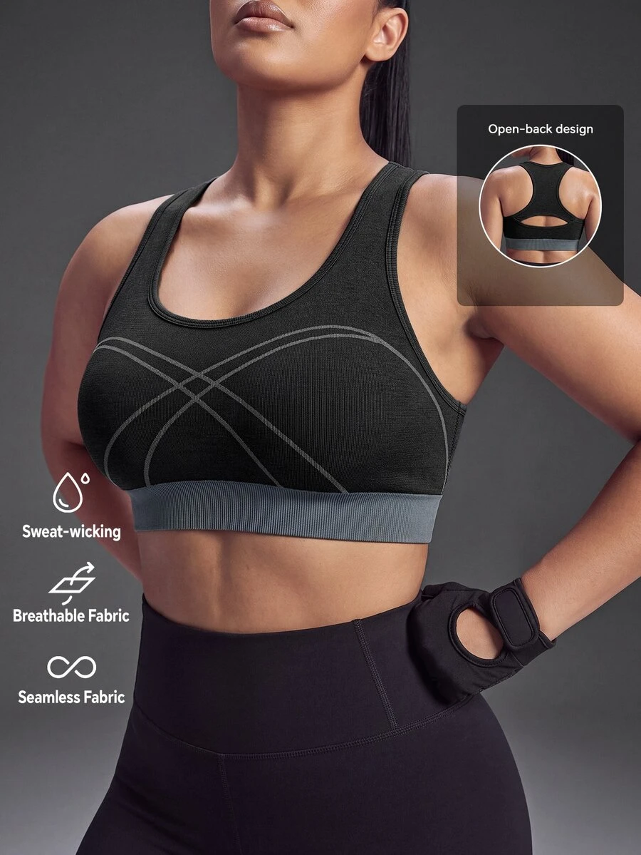 Powerista Women's Plus Size SummerSpring Dark Purple Neck Seamless Sports Bra Gym Running Fitness Workout Going Out Gym High-Support Tropical - Black - View 1