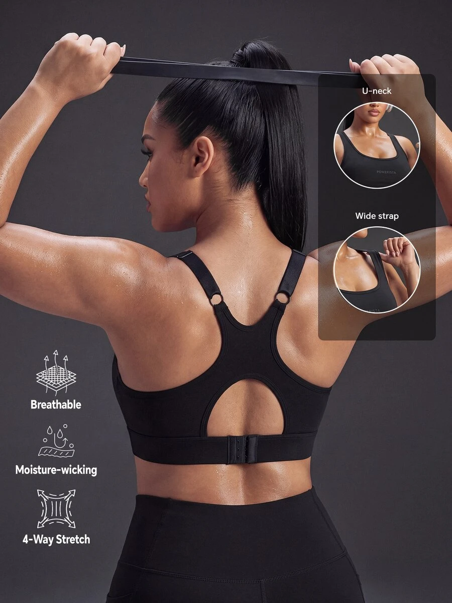 Powerista حمالة صدر رياضية نسائية بمقاس كبير لجميع الفصول باللون الأسود السادة بتصميم استوائي مع فتحة في الظهر ودعم ممتاز لتمارين الجيم والجري في الصيف