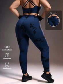 Powerista Women's Plus Size Navy Blue Seamless Tie Dye High Waist Leggings Performance Active Wear With Ribbed Details Suitable For Gym Summer Tropical - Navy Blue - View 3