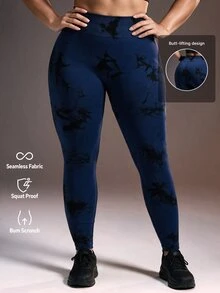 Powerista Women's Plus Size Navy Blue Seamless Tie Dye High Waist Leggings Performance Active Wear With Ribbed Details Suitable For Gym Summer Tropical - Navy Blue - View 2