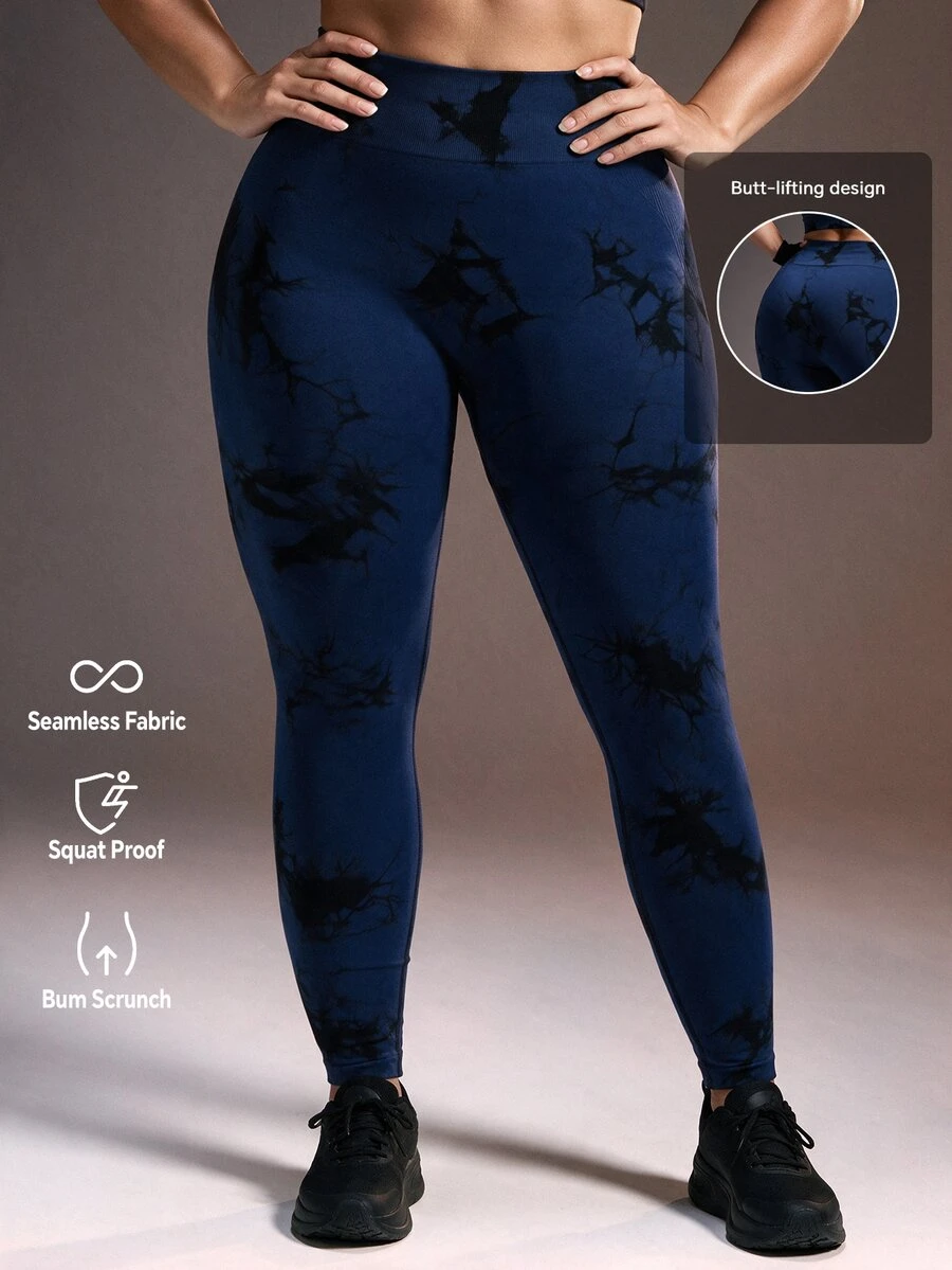 Powerista Women's Plus Size Navy Blue Seamless Tie Dye High Waist Leggings Performance Active Wear With Ribbed Details Suitable For Gym Summer Tropical