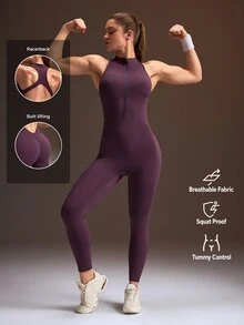 Powerista Women's Solid Color Backless Casual Sporty Sexy Modest Athleisure Daily Outdoor Sports Jumpsuit Dark Purple With Adjustable Back Gym Active Autumn - Purple - View 3