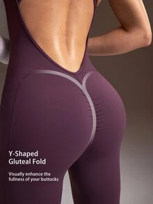Powerista Women's Solid Color Backless Casual Sporty Sexy Modest Athleisure Daily Outdoor Sports Jumpsuit Dark Purple With Adjustable Back Gym Active Autumn - Purple - View 5
