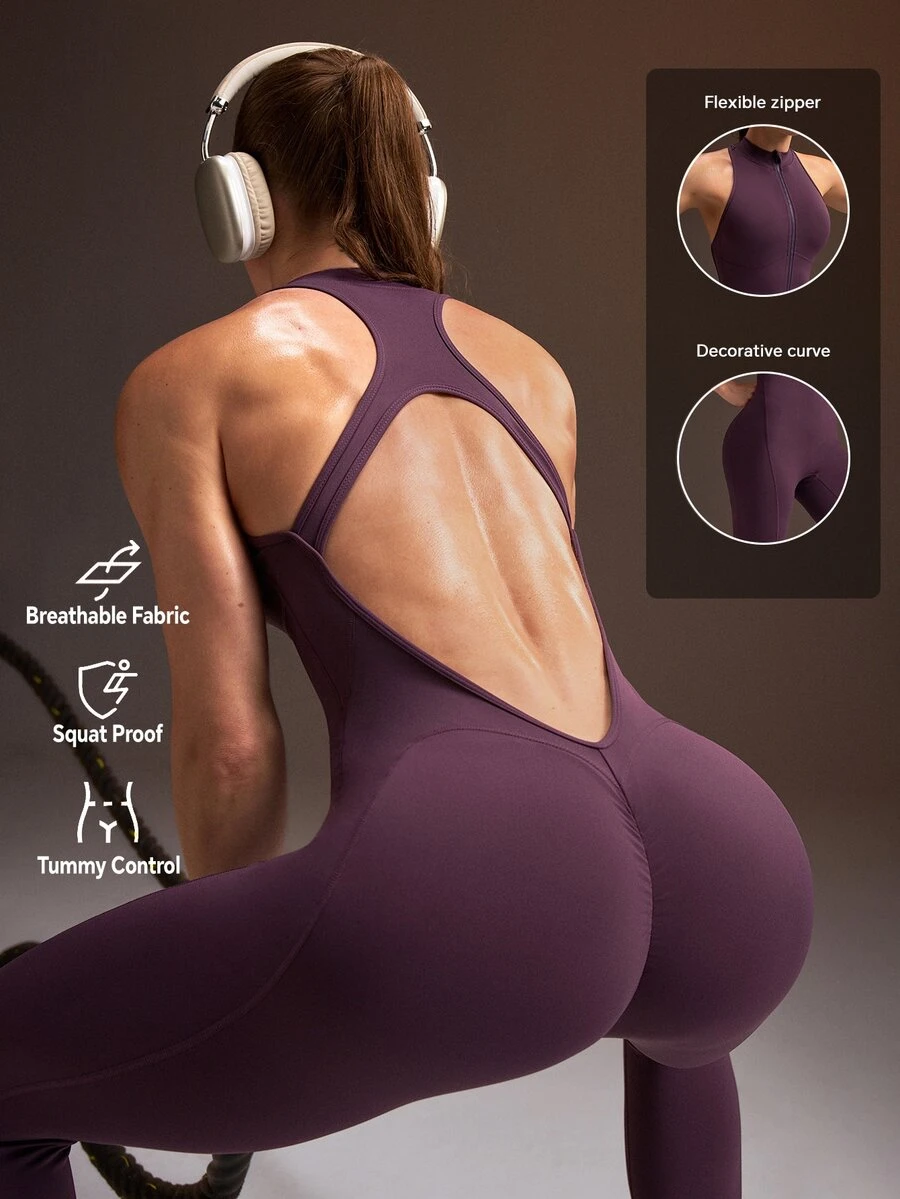 Powerista Women's Solid Color Backless Casual Sporty Sexy Modest Athleisure Daily Outdoor Sports Jumpsuit Dark Purple With Adjustable Back Gym Active Autumn