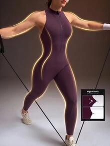 Powerista Women's Solid Color Backless Casual Sporty Sexy Modest Athleisure Daily Outdoor Sports Jumpsuit Dark Purple With Adjustable Back Gym Active Autumn - Purple - View 6