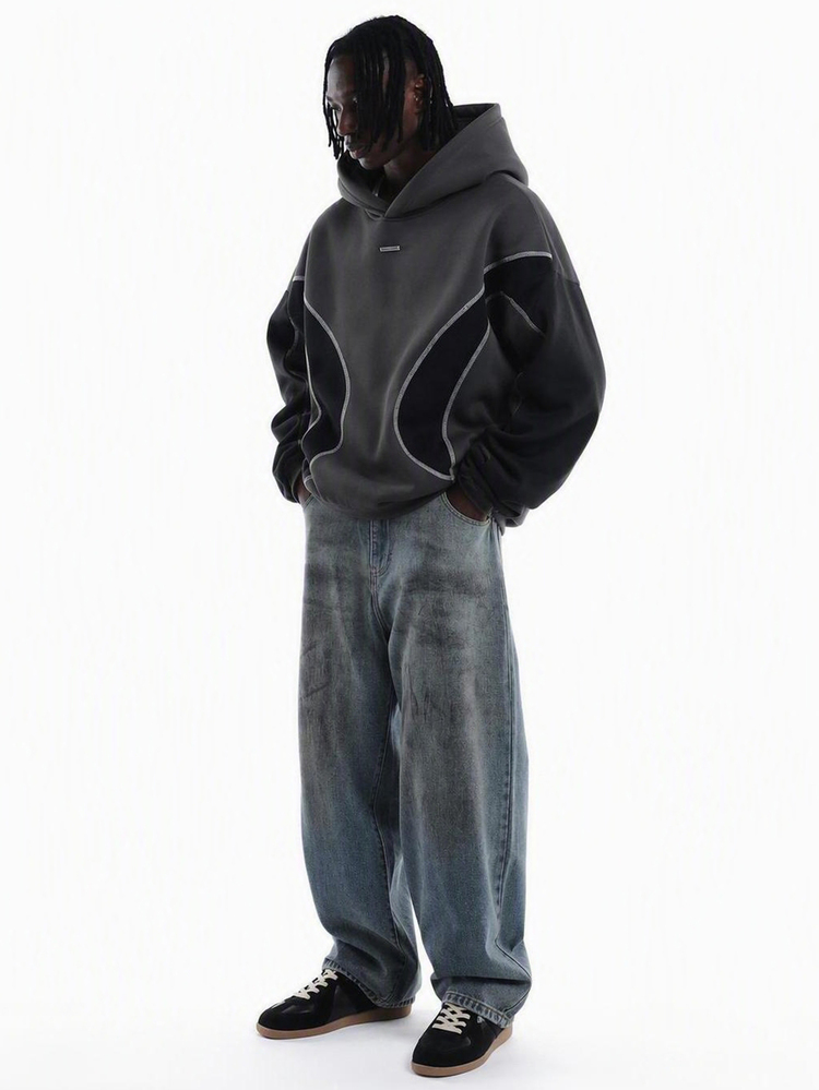 SUMWON Oversized Hoodie With Contrast Curved Stitching Color Block Design Hood Without Drawstring Long Sleeve Casual Pullover Top - Multicolor - View 3