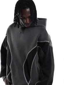 SUMWON Oversized Hoodie With Contrast Curved Stitching Color Block Design Hood Without Drawstring Long Sleeve Casual Pullover Top - Multicolor - View 6