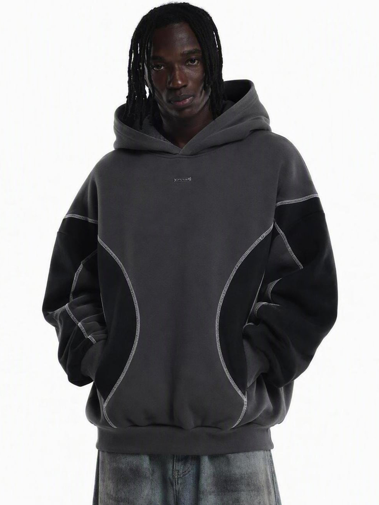 SUMWON Oversized Hoodie With Contrast Curved Stitching Color Block Design Hood Without Drawstring Long Sleeve Casual Pullover Top - Multicolor - View 1