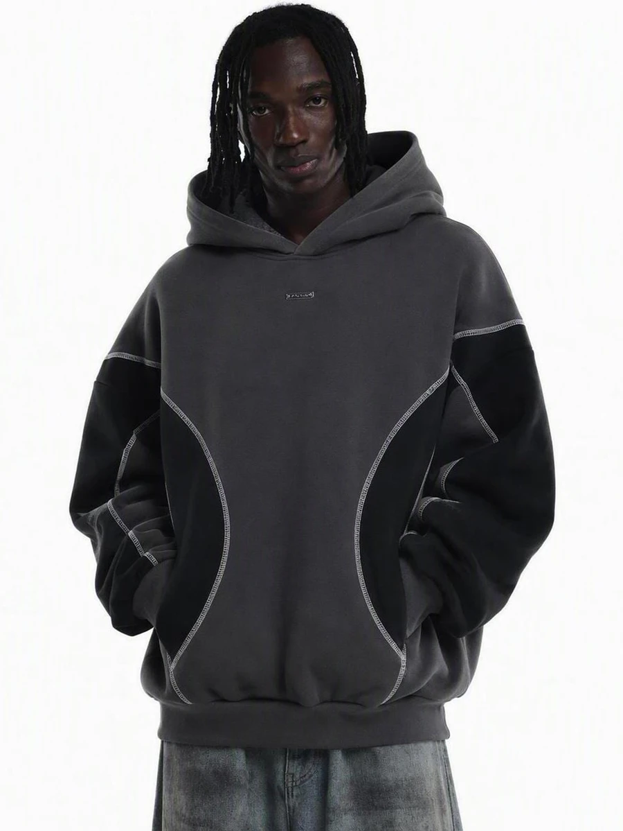 SUMWON Oversized Hoodie With Contrast Curved Stitching Color Block Design Hood Without Drawstring Long Sleeve Casual Pullover Top - Multicolor - View 1
