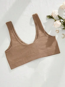 SHEIN Casual-Comfy Seamless Solid Color Front Ruched Wireless Bra With Fabric Trim Wide Straps Nylon Women's Bra - Khaki - View 8