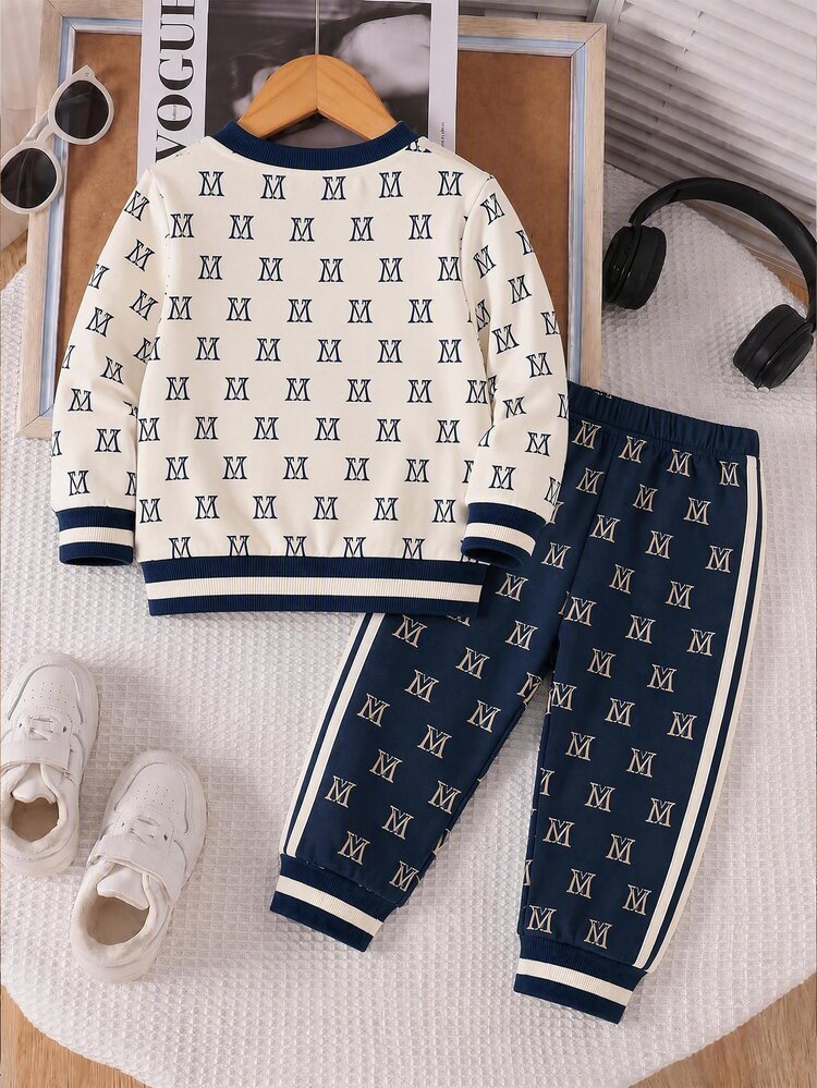 2pcs/Set Young Boy Casual Fashion Comfortable Sweatshirt Set, Letter All-Over Digital Print, Long Sleeve Top, Outfit, Autumn/Winter Wear, Beige Crew Neck Sweatshirt & Navy Blue Sweatpants Set - Multicolor - View 3