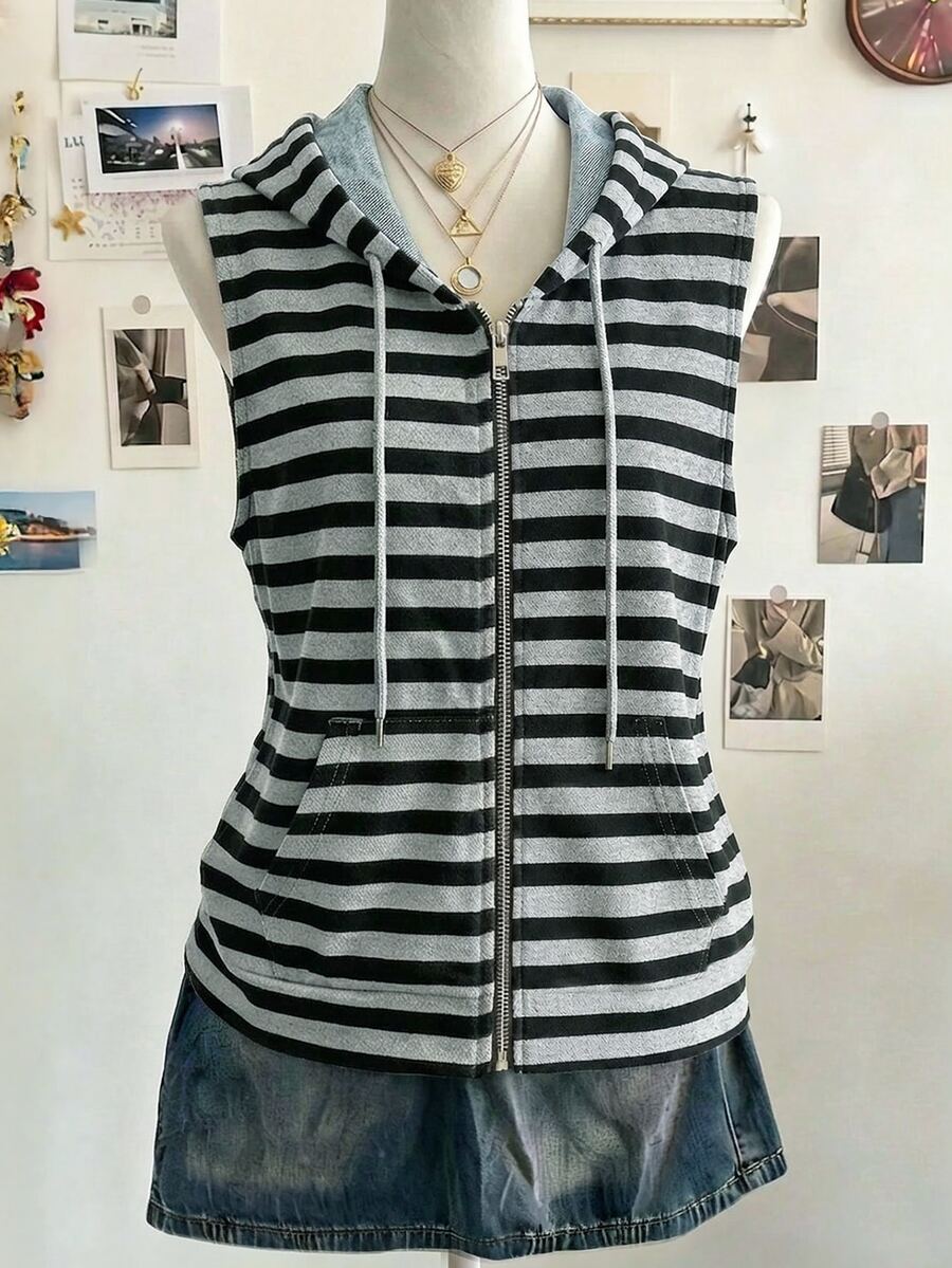 Lalippa Striped Digital Print Fashionable Minimalist Women's Sleeveless Hooded Zip-Up Top, Gift For Friends - Light Grey - View 1