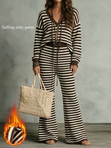 SHEIN All Casual Striped Knit Pants, Women Drawstring High Waist Flare Leg Trousers - Chocolate Brown - View 2