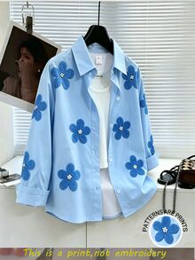 SHEIN Elladie kids [印花設計] 少女花卉圖案襯衫，2026 春/秋新款時尚童裝藍色襯衫 時尚女裝上衣 - 藍色 - 查看 5