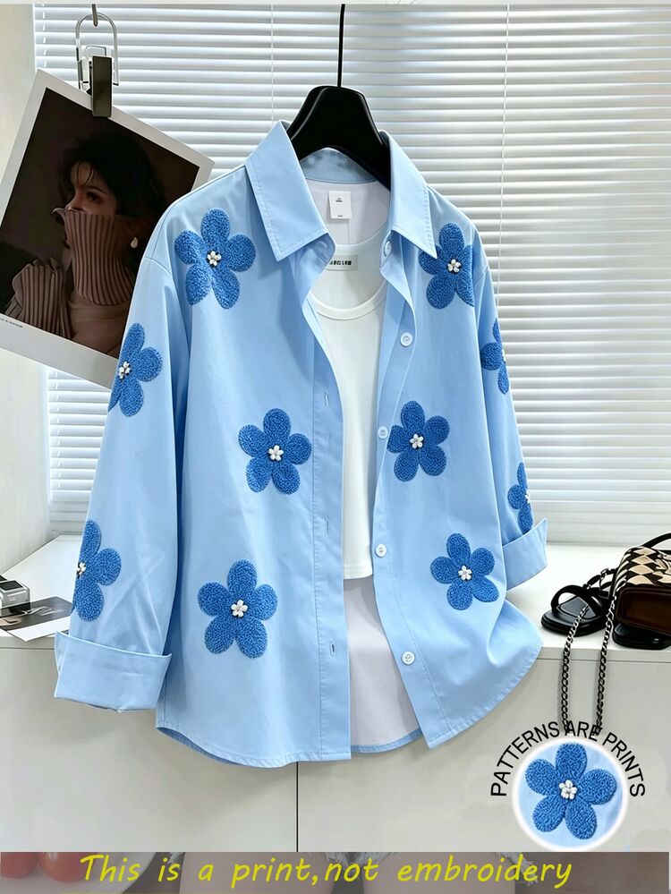 SHEIN Elladie kids [Printed Design] Young Girls' Floral Pattern Shirt, Spring/Autumn 2026 New Fashionable Children's Wear Blue Shirt Stylish Blouse - Blue - View 4